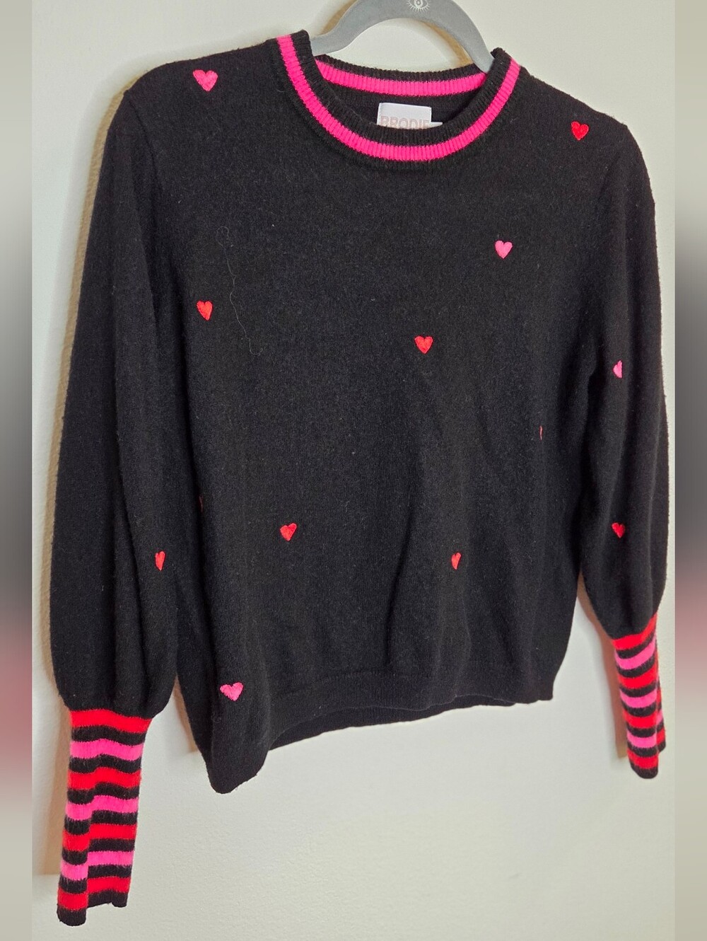 Brodie Cashmere Mini Heart Pullover w/ Embroidered Hearts & Striped Sleeve